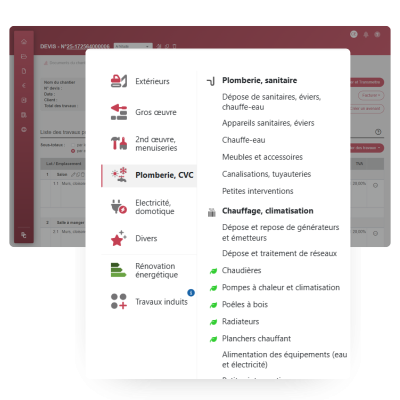 Gagnez du temps avec une bibliothèque métier dédiée à la plomberie Interface du logiciel BatiChiffrage avec bibliothèque de travaux plomberie
