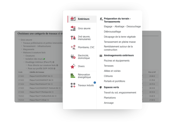 Système de chiffrage intuitif par questions-réponses Aperçu du module d'estimatif rapide du logiciel BatiChiffrage avec des options interactives par type de travaux