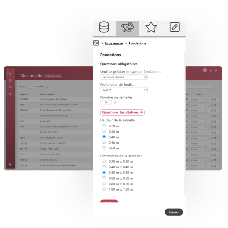 Solution complète pour estimer les projets clients Capture du module d’estimation de travaux du logiciel BatiChiffrage Maîtrise d’œuvre avec système de questions/réponses