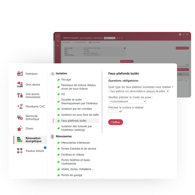 Base de données de prix fournis-posés BatiChiffrage Interface du logiciel affichant une bibliothèque de prix de travaux unitaires avec classement par corps d'état