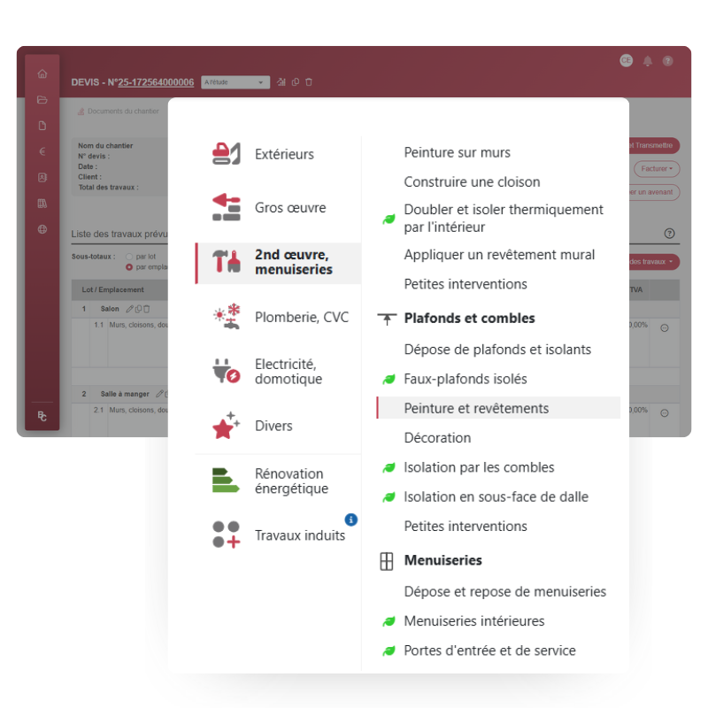 Gagnez du temps avec une bibliothèque métier dédiée aux peintres en batiment Interface du logiciel BatiChiffrage avec bibliothèque de travaux peinture