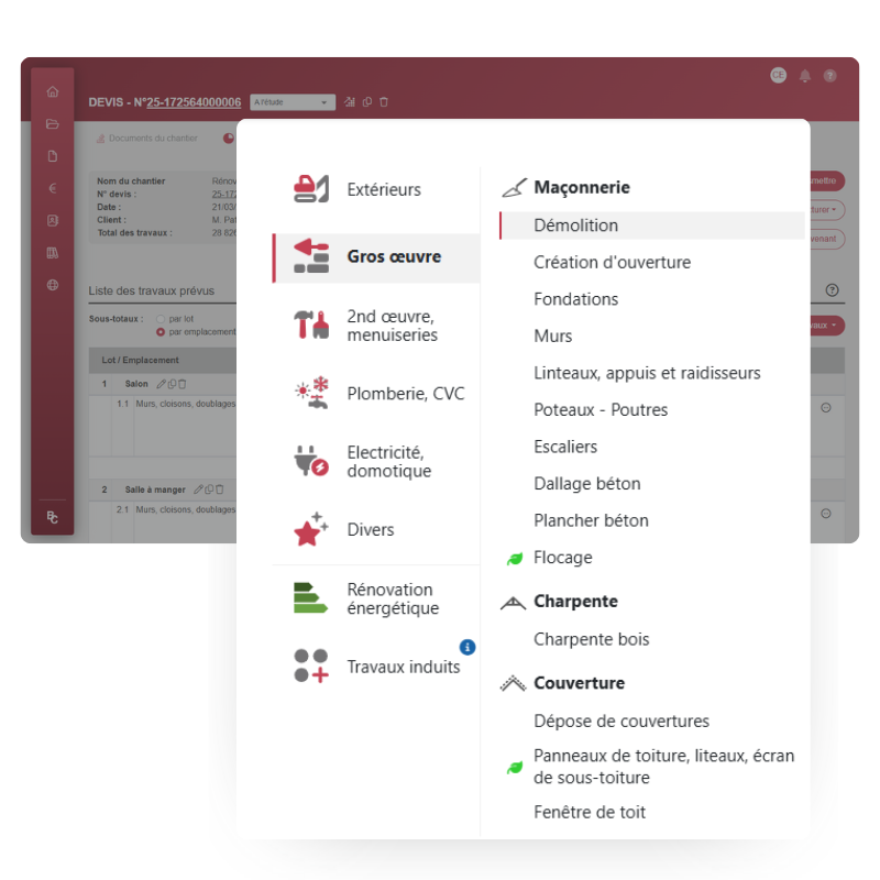 Gagnez du temps avec une bibliothèque métier dédiée à la maçonnerie Interface du logiciel BatiChiffrage avec bibliothèque de travaux de maçonnerie
