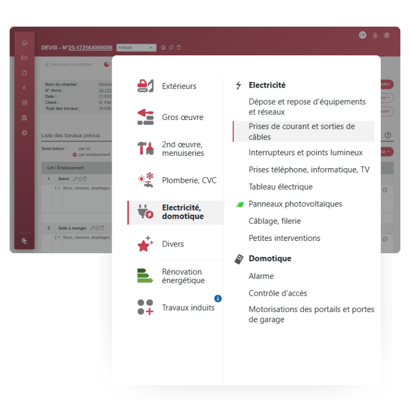 Gagnez du temps avec une bibliothèque métier dédiée à la l’électricité Interface du logiciel BatiChiffrage avec bibliothèque de travaux d'électricité