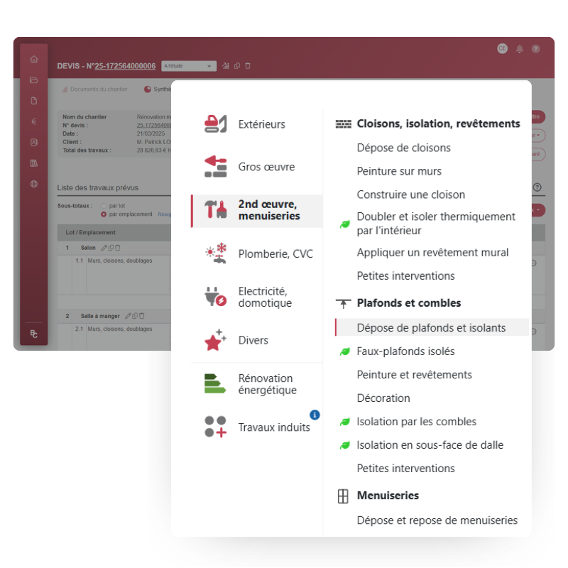 Gagnez du temps avec une bibliothèque métier dédiée aux plaquistes Interface du logiciel BatiChiffrage avec bibliothèque de travaux de plaquiste