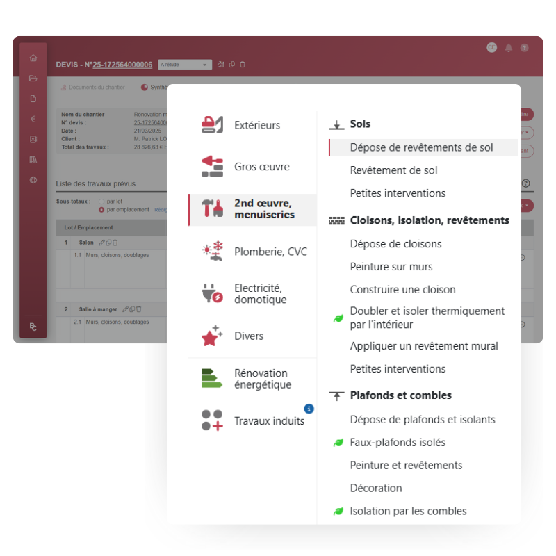 Gagnez du temps avec une bibliothèque métier dédiée aux carreleurs Interface du logiciel BatiChiffrage avec bibliothèque de travaux carreleur