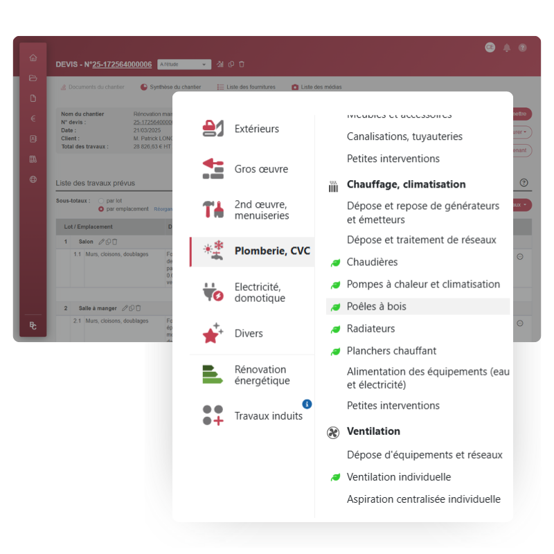 Gagnez du temps avec une bibliothèque métier dédiée aux chauffagistes Interface du logiciel BatiChiffrage avec bibliothèque de travaux chauffagiste