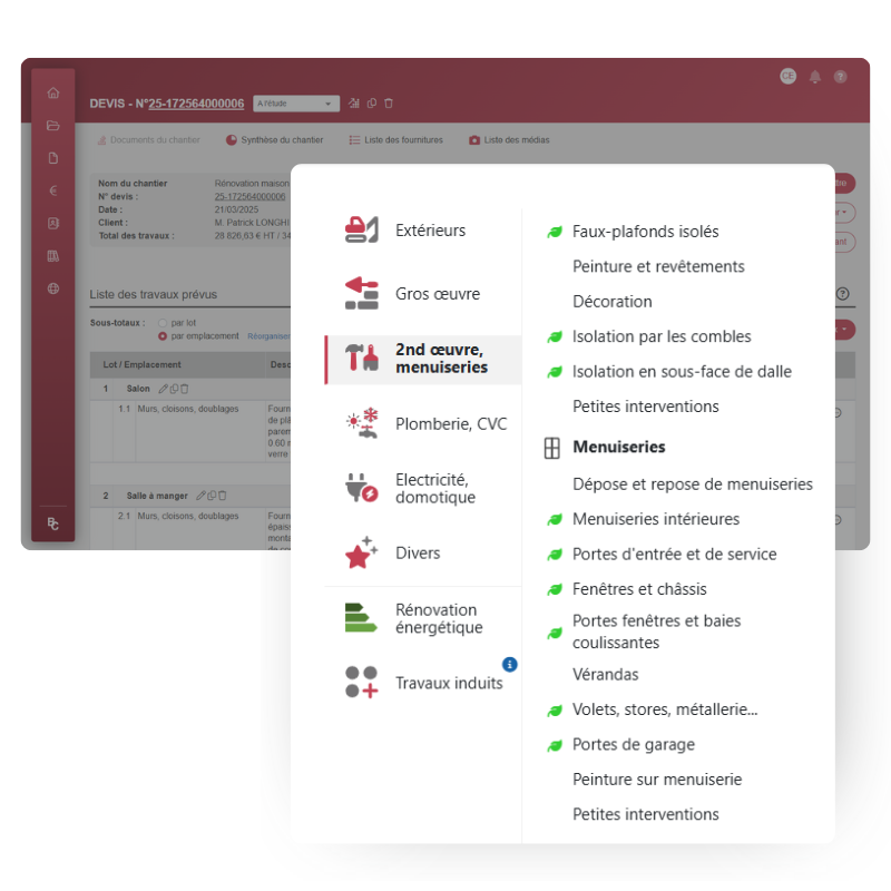 Gagnez du temps avec une bibliothèque métier dédiée aux menuisiers Interface du logiciel BatiChiffrage avec bibliothèque de travaux menuiserie