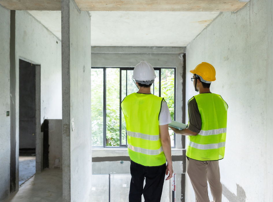 Deux professionnels du bâtiment analysent un plan sur un chantier