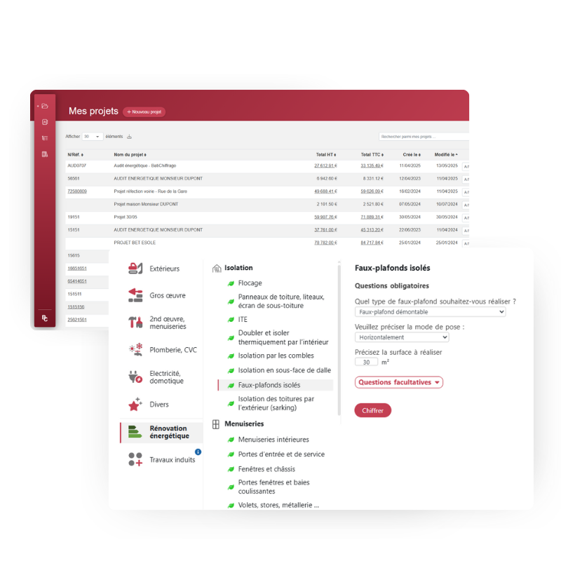 Interface du logiciel BatiChiffrage affichant des modules d’estimation de travaux unitaires